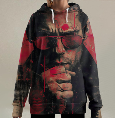 Мужчина в очках с кулаком у рта в красно черных тонах, Hoodie Long Oversize 3D