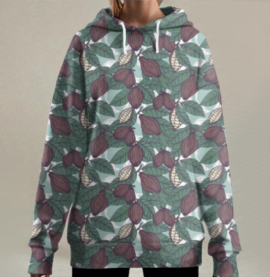 Ботанический паттерн с плодами какао в винтажном стиле, Hoodie Long Oversize 3D