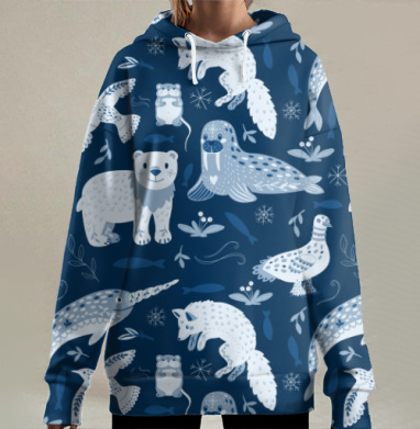 Идиллия арктической фауны в декоративном стиле, Hoodie Long Oversize 3D
