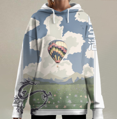 Воздушный шар свобода зелёный луг японский текст, Hoodie Long Oversize 3D