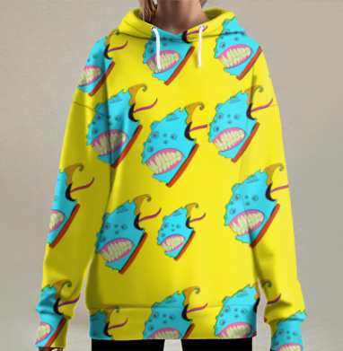 Агрессивные лица с открытыми ртами на жёлтом фоне, Hoodie Long Oversize 3D