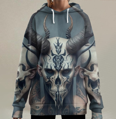Демоны с черепами и рогами в готическом стиле, Hoodie Long Oversize 3D