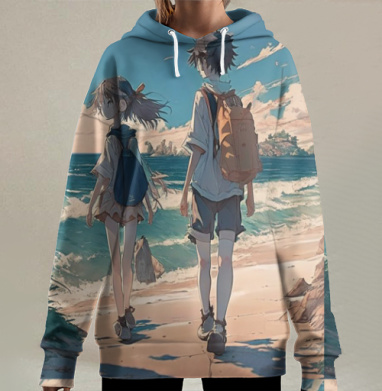 Мальчик и девочка идут вместе вдоль берега моря мечтают, Hoodie Long Oversize 3D