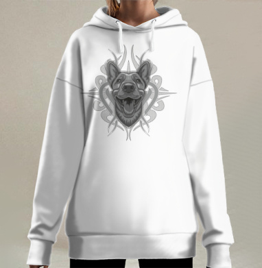 Портрет улыбающейся собаки на графическом фоне орнамента, Hoodie Long Oversize 3D