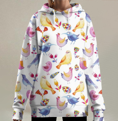 Милый паттерн с разноцветными птицами и цветами, Hoodie Long Oversize 3D