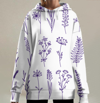 Простые полевые растения фиолетовые на сером фоне тонкая красота, Hoodie Long Oversize 3D