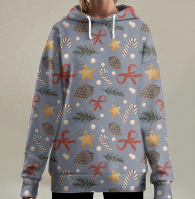 Рождественский паттерн с бантиками шишками имбирными пряниками, Hoodie Long Oversize 3D