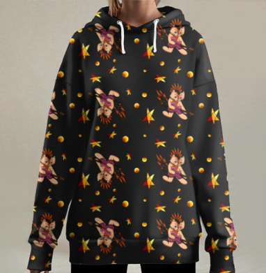 Летящий персонаж рыжие волосы оранжевый шар звезды, Hoodie Long Oversize 3D