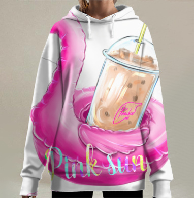 Розовый надувной фламинго с прохладным напитком летний отдых, Hoodie Long Oversize 3D