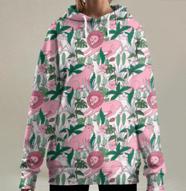 Розовые львы в тропическом узоре, Hoodie Long Oversize 3D