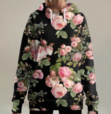Розовые розы на черном фоне, Hoodie Long Oversize 3D