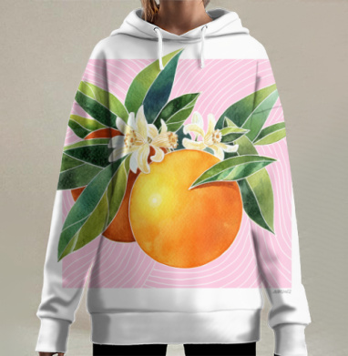Яркие апельсины с зелёными листьями на розовом фоне, Hoodie Long Oversize 3D