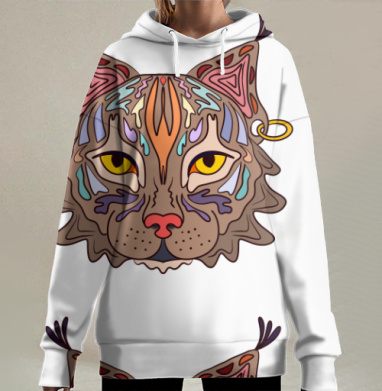 Рысь с декоративными серьгами выражает силу и загадочность, Hoodie Long Oversize 3D