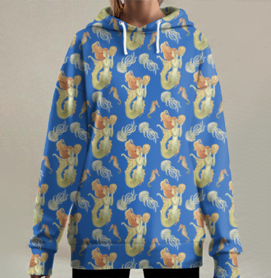 Синяя русалка с медузами парит над волнами под водой, Hoodie Long Oversize 3D