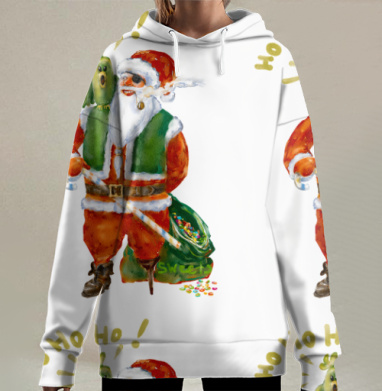Санта с попугаем и сладостями на Рождество, Hoodie Long Oversize 3D