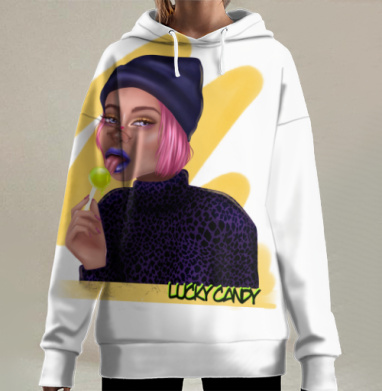 Девушка с леденцом на фоне желтого Девчуля с чупиком, Hoodie Long Oversize 3D
