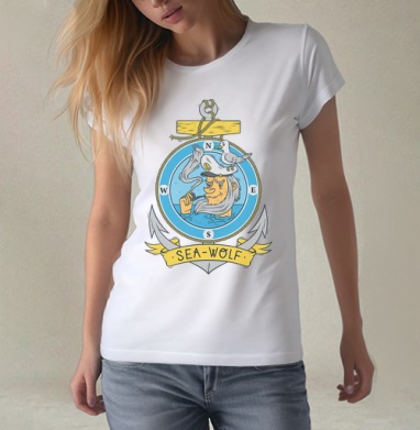 Винтажный морской герб Sea-Wolf с капитаном, Футболка женская белая 180гр