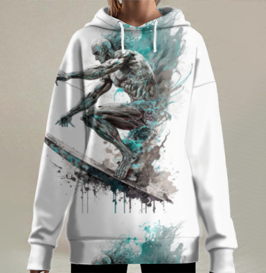 Мускулистый серфер на доске голубой эффект воды, Hoodie Long Oversize 3D