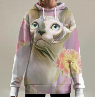 Цифровая картина Сфинкс с нежными цветами, Hoodie Long Oversize 3D