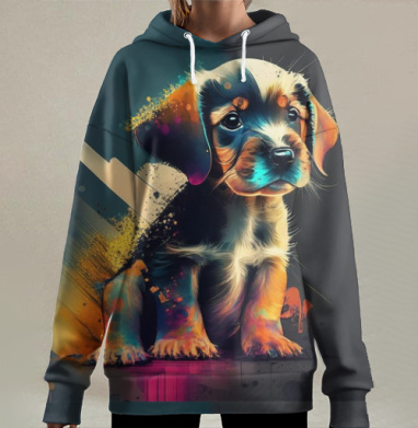 Щенок грустный красочный мягкий и трогательный взгляд, Hoodie Long Oversize 3D
