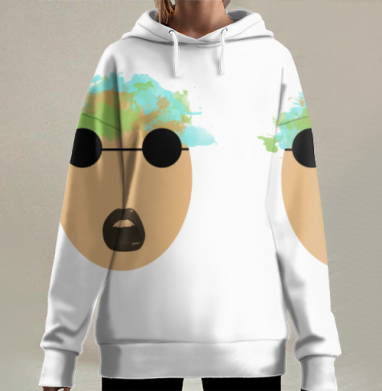 Абстрактное лицо с очками и цветной мыслью на фоне черном, Hoodie Long Oversize 3D