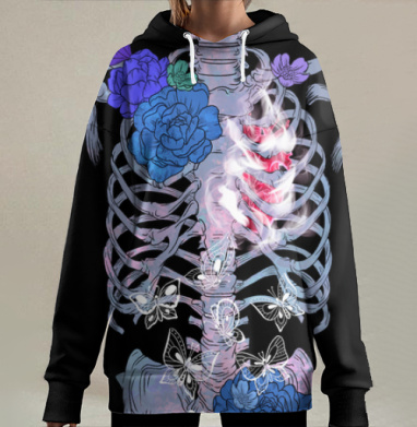 Скелет с цветами и светящимся сердцем, Hoodie Long Oversize 3D