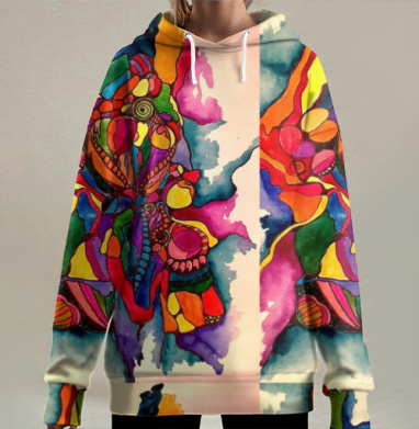 Яркие абстрактные фигуры в динамике красный оранжевый желтый, Hoodie Long Oversize 3D