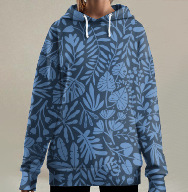 Бесшовный узор с тропическими растениями в синем цвете, Hoodie Long Oversize 3D