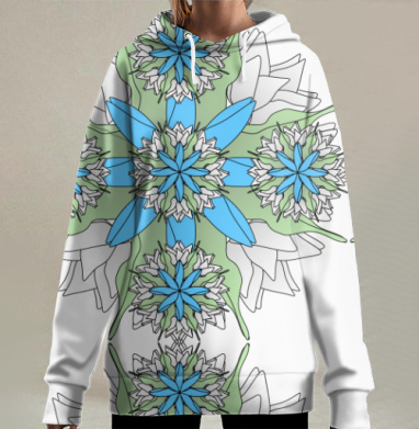 Сине бело зеленый цветочный узор идеально для подушки, Hoodie Long Oversize 3D