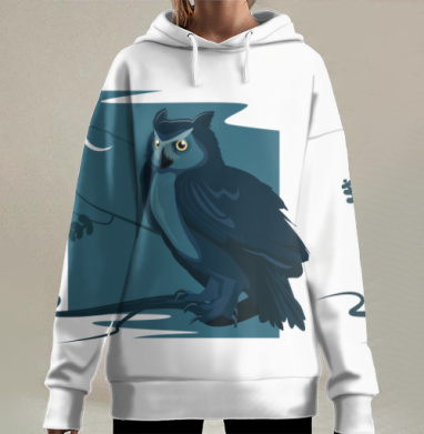 Сова в ночи на ветке дерева, Hoodie Long Oversize 3D
