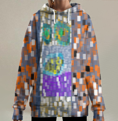 Абстрактное цифровое взаимодействие в оранжево синей гамме беспорядке, Hoodie Long Oversize 3D
