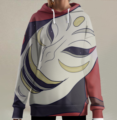 Маска японского духа с красными тенями и загадочным взглядом, Hoodie Long Oversize 3D