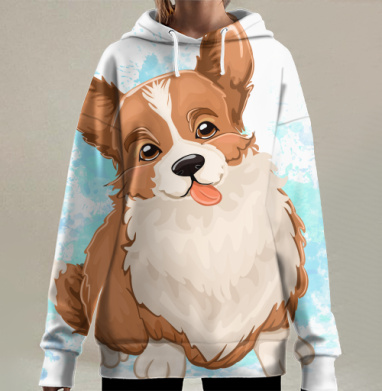 Милый Корги щенок с высунутым языком в голубом фоне, Hoodie Long Oversize 3D