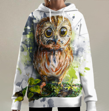 Сова с большими глазами на ветке навстречу взгляду, Hoodie Long Oversize 3D