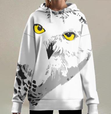 Сова белая с ярко желтыми глазами и черными пятнами на фоне, Hoodie Long Oversize 3D