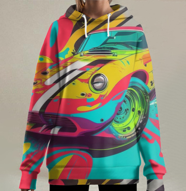 Яркий Спорткар С Кислотными Цветами На Заднем, Hoodie Long Oversize 3D