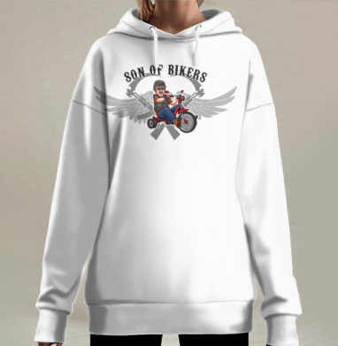 SON OF BIKERS / Сын Байкеров забавный малыш гоняет на красном трицикле весело, Hoodie Long Oversize 3D