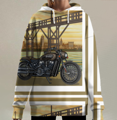 Мотоцикл у моста на закате городской пейзаж, Hoodie Long Oversize 3D