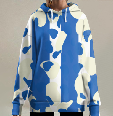 Стильные вертикальные синие полосы украшают пятнистый узор леопард, Hoodie Long Oversize 3D