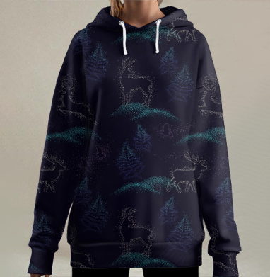 Светящиеся олени в мистическом лесу ночи, Hoodie Long Oversize 3D