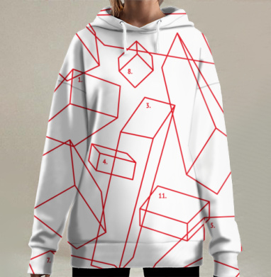 Абстрактная геометрия: красные линии на чёрном фоне, Hoodie Long Oversize 3D