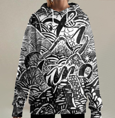Динамичный калейдоскоп «PRIMO» в монохроме, Hoodie Long Oversize 3D