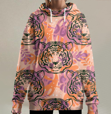 Силуэт головы тигра в мягких оттенках на фоне тропических листьев, Hoodie Long Oversize 3D