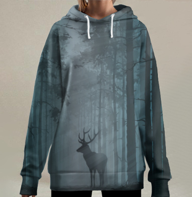 Олень в таинственном туманном лесу, Hoodie Long Oversize 3D