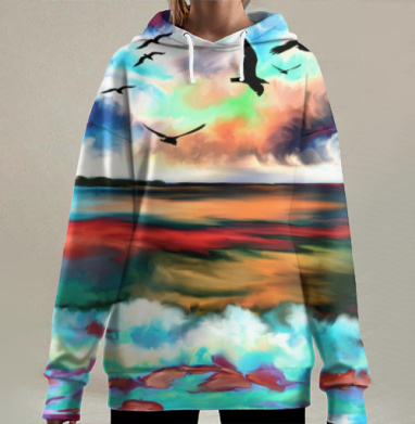 Свободный полет птиц на фоне красочного заката над озером, Hoodie Long Oversize 3D