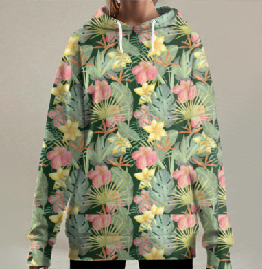 Тропический узор акварельной природы, Hoodie Long Oversize 3D