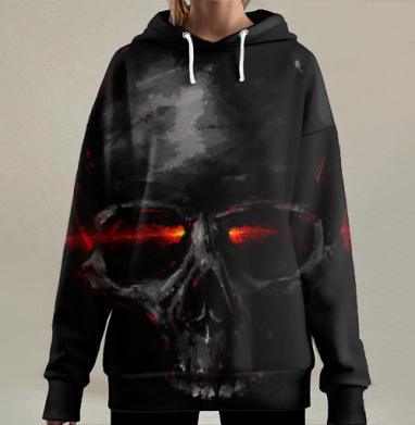 Темный мистический экспрессивный образ пылающий красный череп, Hoodie Long Oversize 3D