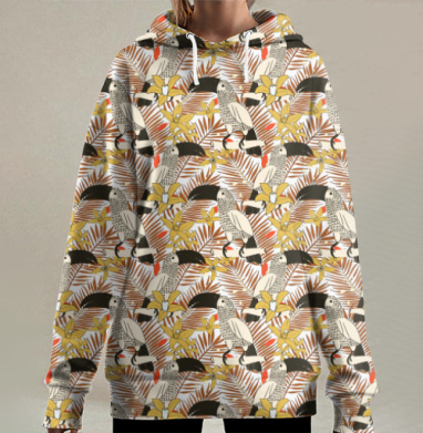 Тропический бесшовный узор с экзотическими птицами, Hoodie Long Oversize 3D