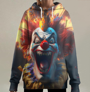 Огненный кричащий клоун с агрессией яростной, Hoodie Long Oversize 3D
