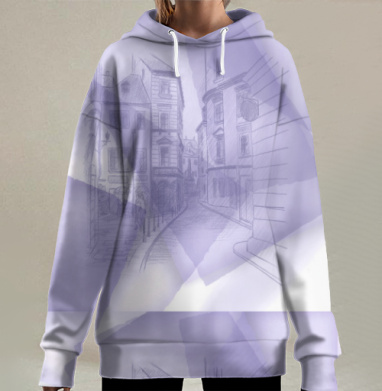 Декоративный сиреневый городской эскиз, Hoodie Long Oversize 3D
